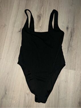 South Beach Black One Piece Swimsuit Size 8 Brazilian Cut Low Back Square Neck